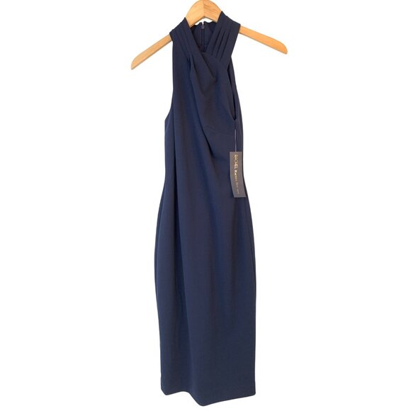 NWT Rachel Roy Navy XS Halter Dress Pleat High Neck Rear Slit Fully Lined 10015 - Picture 6 of 12